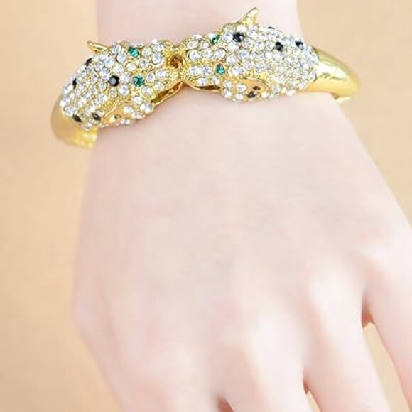 Neiman Marcus Gold  Rhinestone Twin Jaguar Cuff Bangle Bracelet - Picture 1 of 3
